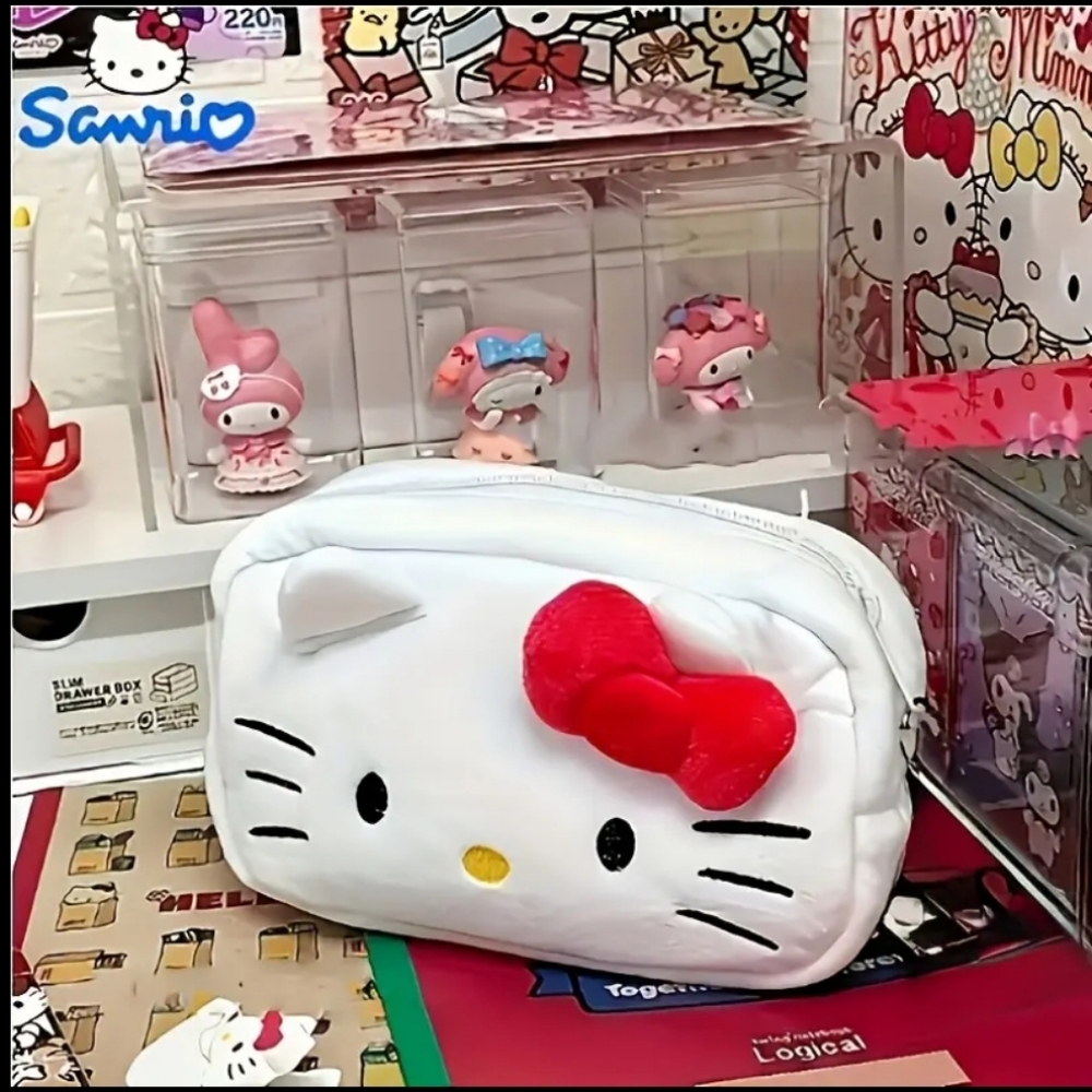 Brand New Hello Kitty White Fuzzy Cosmetics Pencil Pen Bag | Super Soft